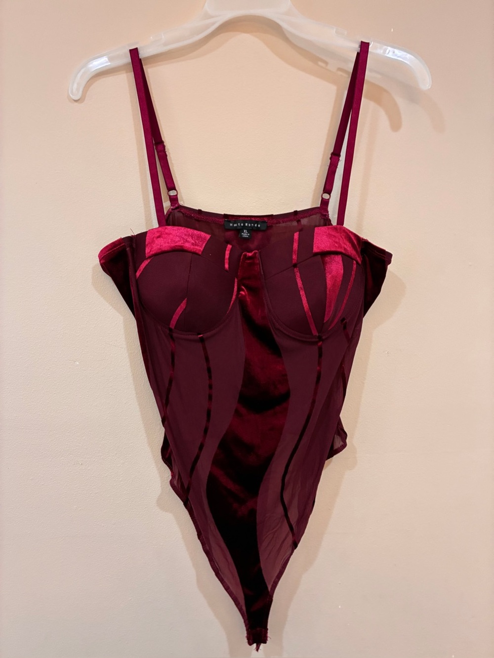 Haute Monde Deep Burgundyโ Velvet & Mesh Bodysuit